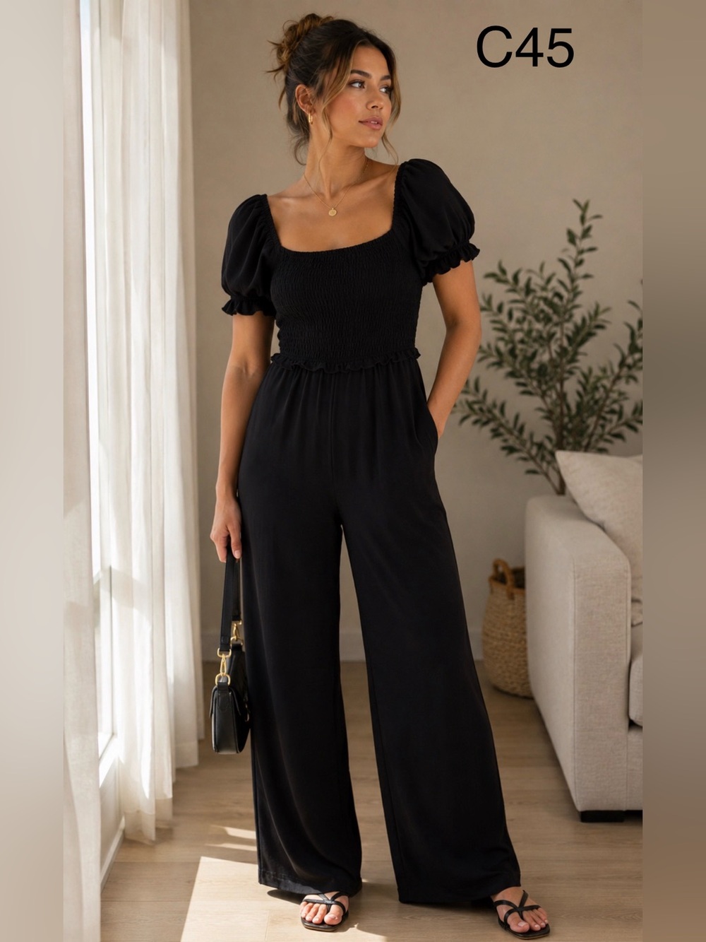 Arden B Women’s Black Puff-Sleeve Jumpsuit,Size Medium